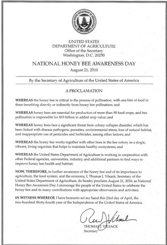 Secretary Thomas J. Vilsack declaration Honey Bee Awareness Day