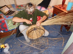 Weaving like mad--Each coil takes me a full two hours to weave. Granted, I am slow, but weaving a skep takes patience.